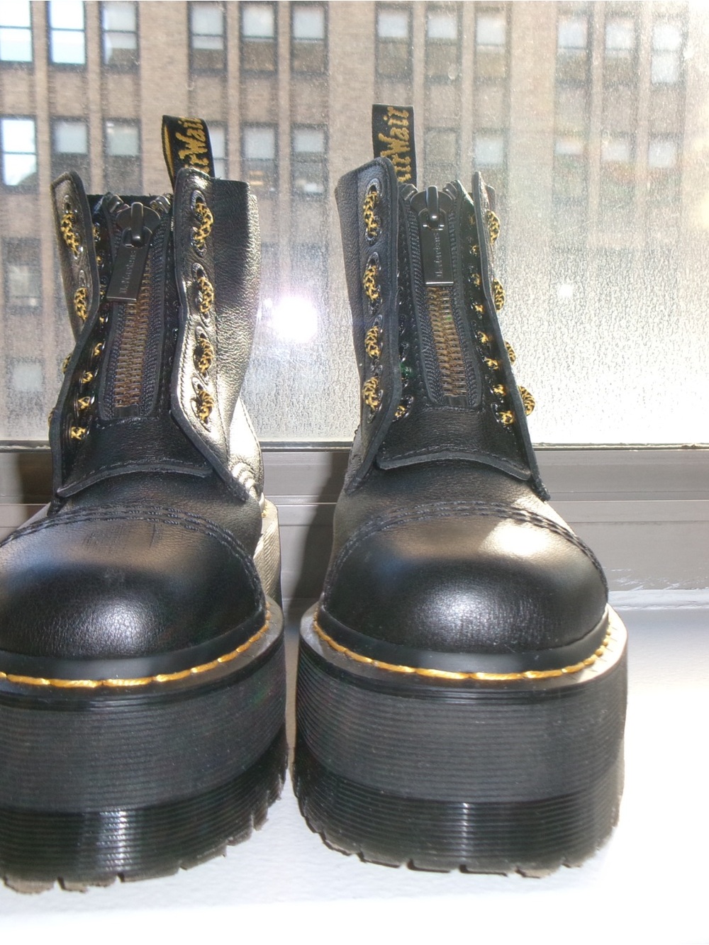 Dr. Martens Sinclair Black Leather Platform Ankle Boots with Yellow Stitching - Picture 4 of 10